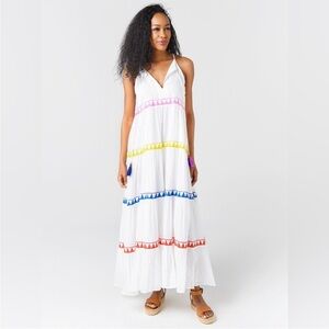 Oliphant Maxi Dress LONG TIERED TASSEL White V Neck